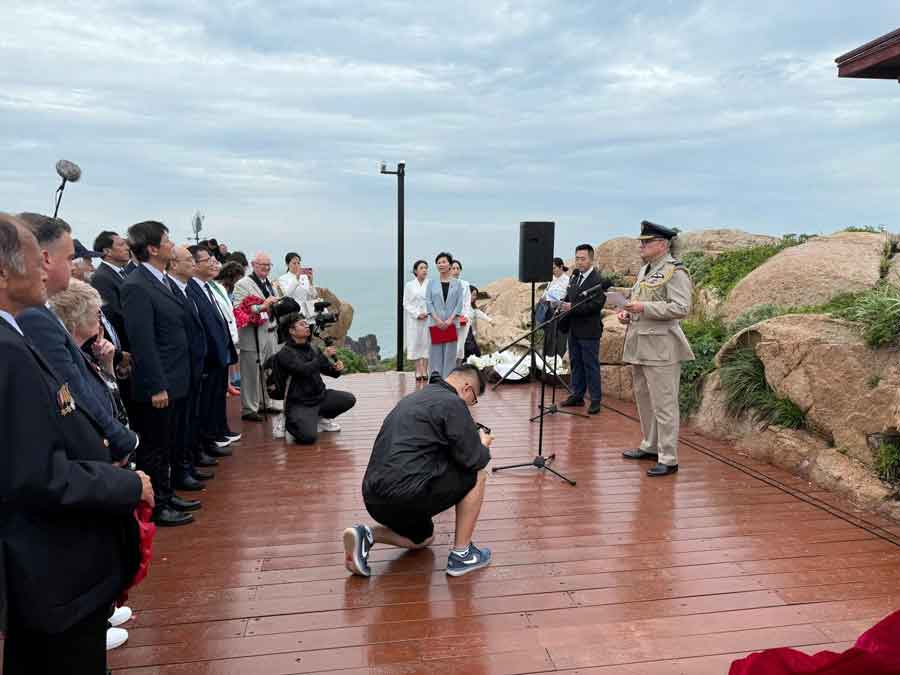 The British Defence Attaché in Beijing, Air Commodore Don Stamp, addressing the attendees at the unveiling of the memorial on Qingbang Island, South East of Shanghai, on 20th May 2025 to the Dongji fishermen who rescued hundreds of POWs from the sinking of the Lisbon Maru and prevented a total massacre. Photograph courtesy of Kent Shum.