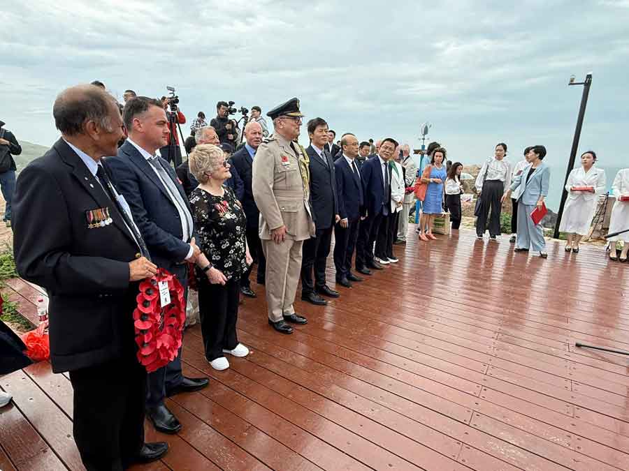 Dennis Morley, the last survivor of the sinking of the Lisbon Maru, expressed a strong wish that a memorial should be built in China commemorating the Dongji fishermen. His daughter, Mrs Denise Wynne, wrote to China asking for a memorial to be built.  The monument was unveiled on 20th May 2025 and Mrs Denise Wynne was there to thank the Chinese authorities. Photograph courtesy of Kent Shum.