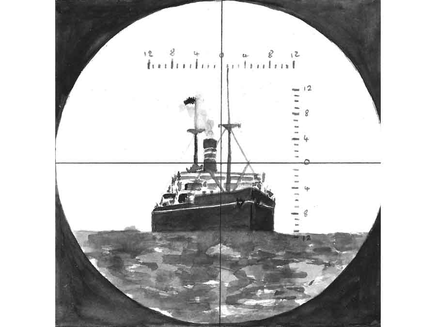 An artists impression of the view of the Lisbon Maru from the USS Grouper as it prepared to fire torpedoes. Painted by LiMMA member Paul Williams. 