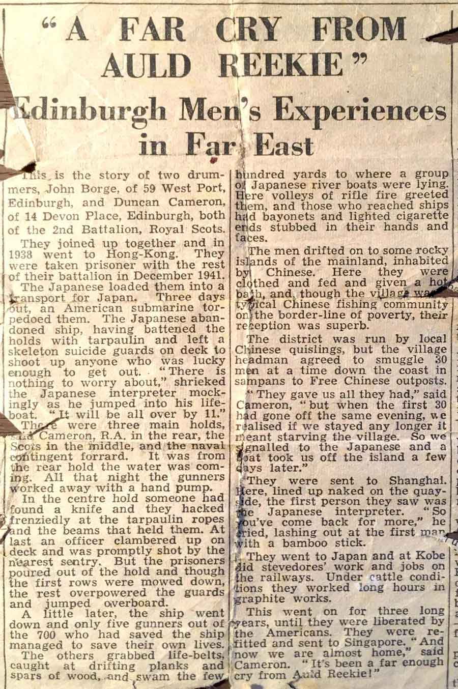 Newspaper cutting following an interview on the Empress Australia with John Borg and Duncan Cameron of the  2nd Battalion Royal Scots, survivors of the Lisbon Maru sinking whilst on their way back home to Edinburgh