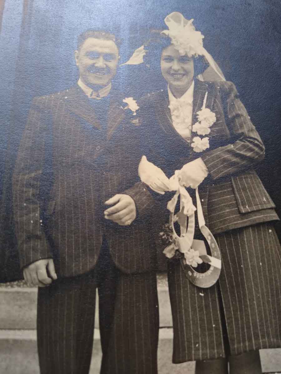 Ernest J Walter Thornton (Ernie) with his wife Eileen Mary on their wedding day 27th April 1946. Ernest was a survivor of the sinking of the Lisbon Maru