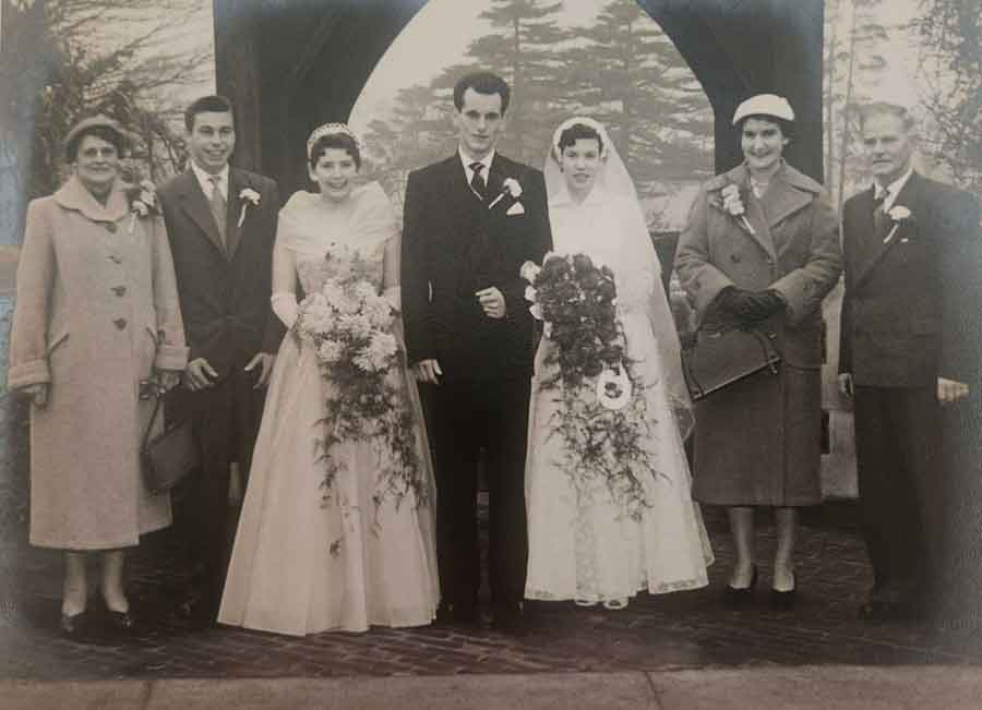Elsie Daisy Russell, wife of Thomas Russell, on the far left. Michael Thomas Russell (son of Thomas and Elsie) Pauline Russell, both in the middle, on their wedding day in 1957. Thomas Russell was lost on the Lisbon Maru