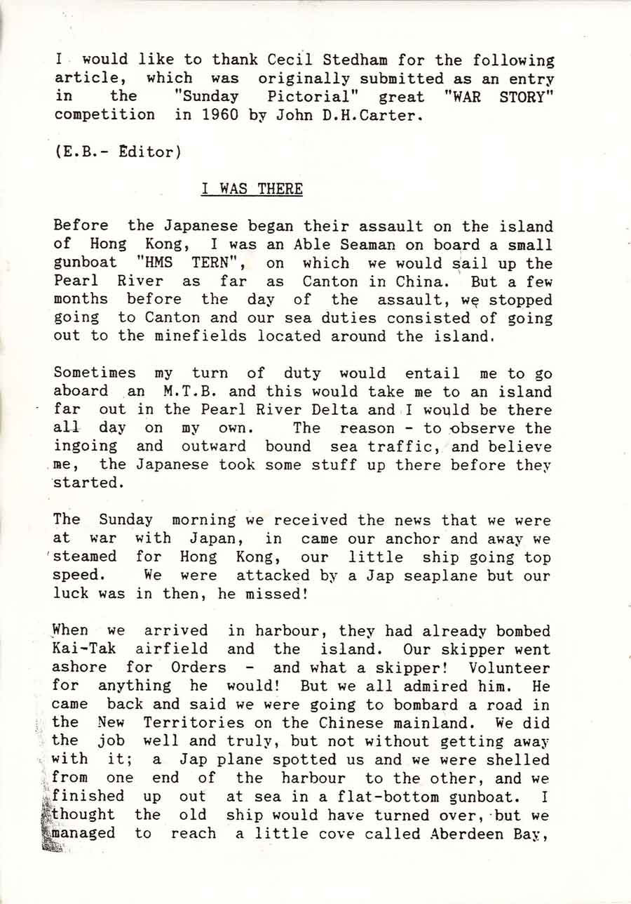 Page 1 of John Douglas Haig Carter's article originally submitted to the Sunday Pictorial in 1960. John was a survivor of the sinking of the Lisbon Maru. 