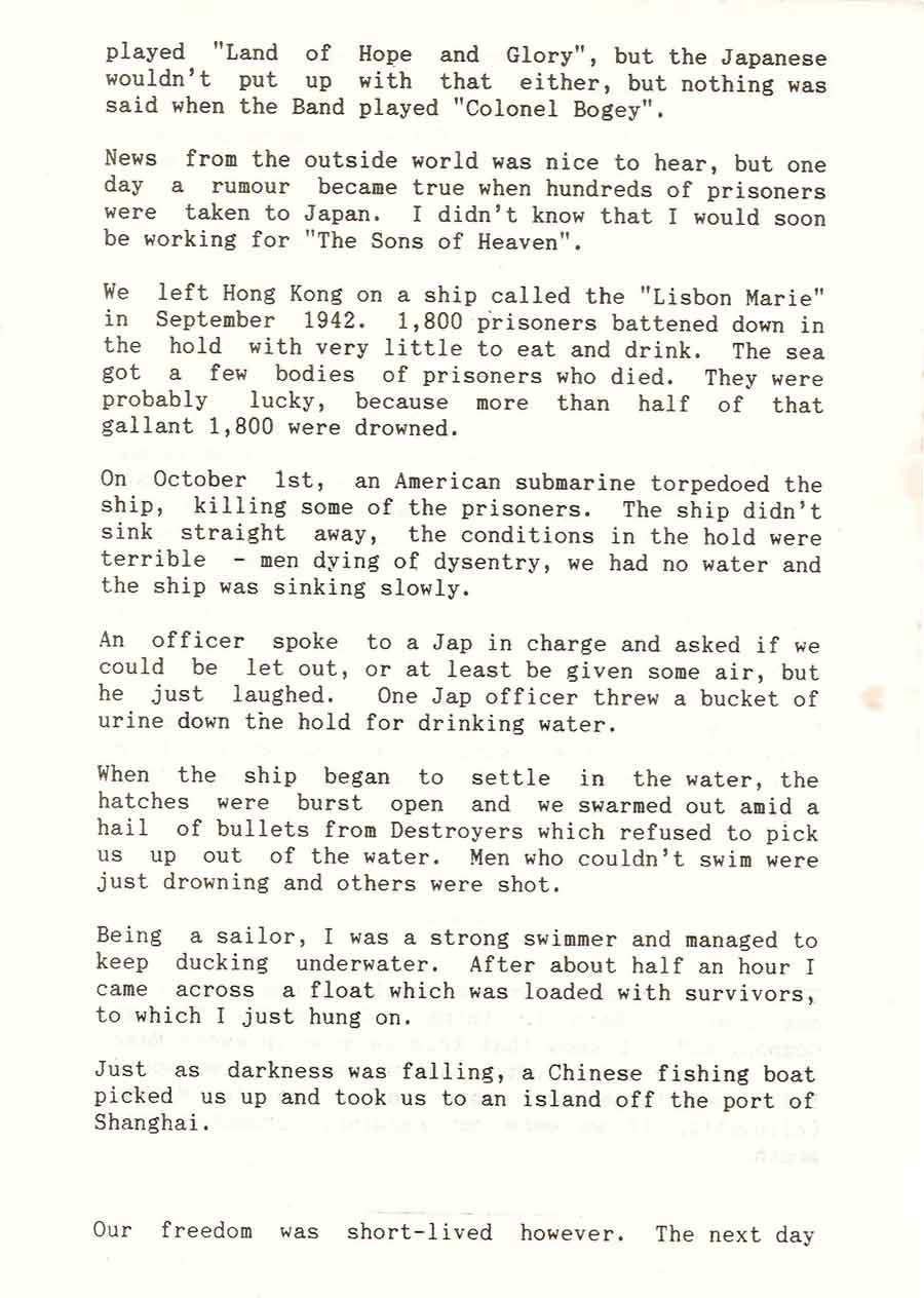 Page 4 of John Douglas Haig Carter's article originally submitted to the Sunday Pictorial in 1960. John was a survivor of the sinking of the Lisbon Maru. 