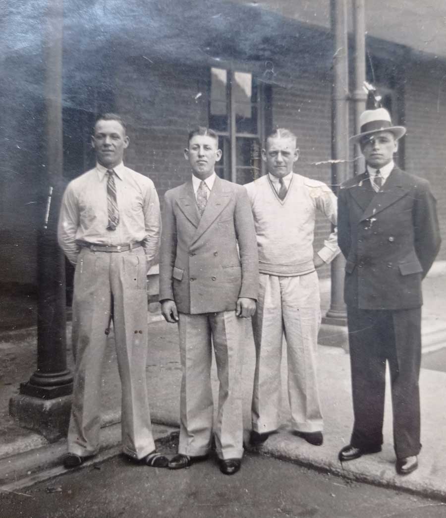 John Douglas Haig Weaver 2nd from left. Reverse of this image (very faint) reads: John China 1937. Can you identify any of the other men in this image?