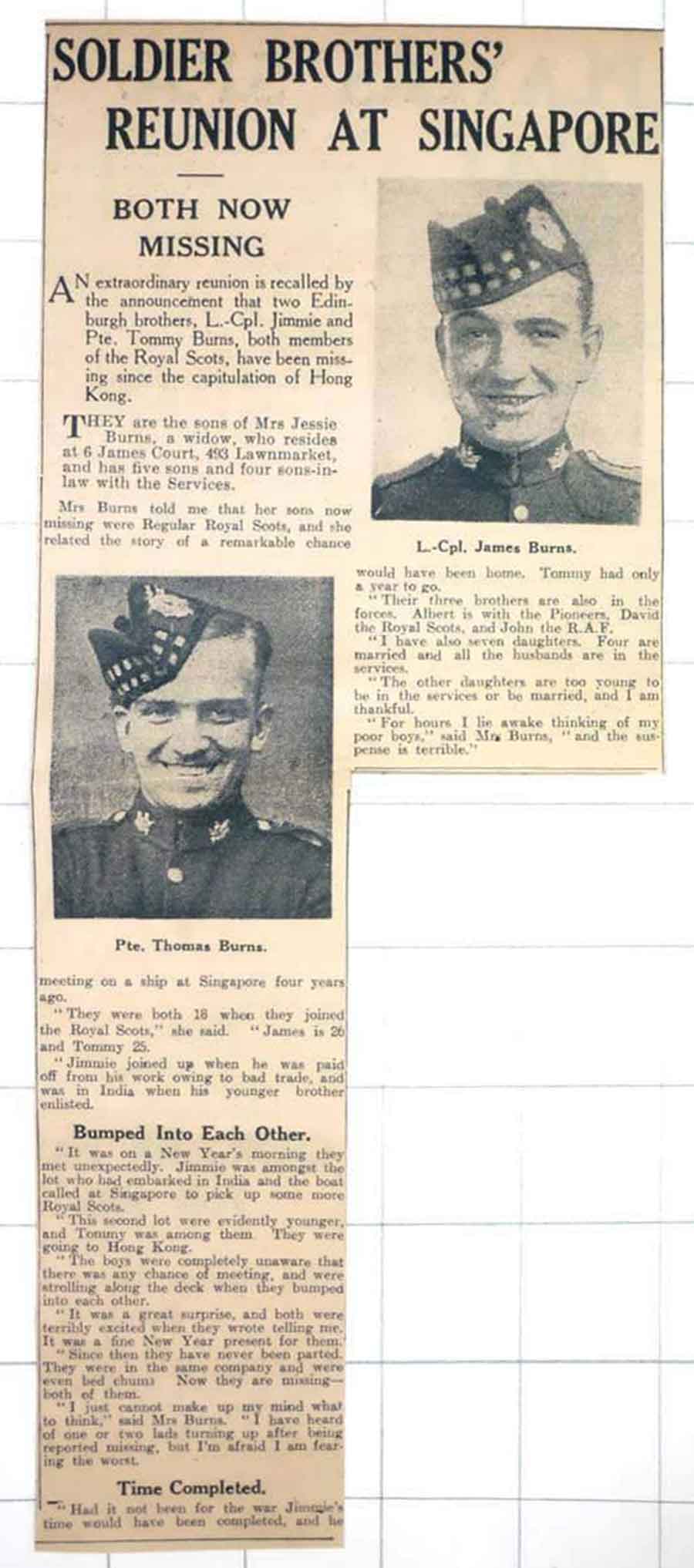 Newspaper cutting reporting Thomas McDermid Burns and his brother James Burns missing