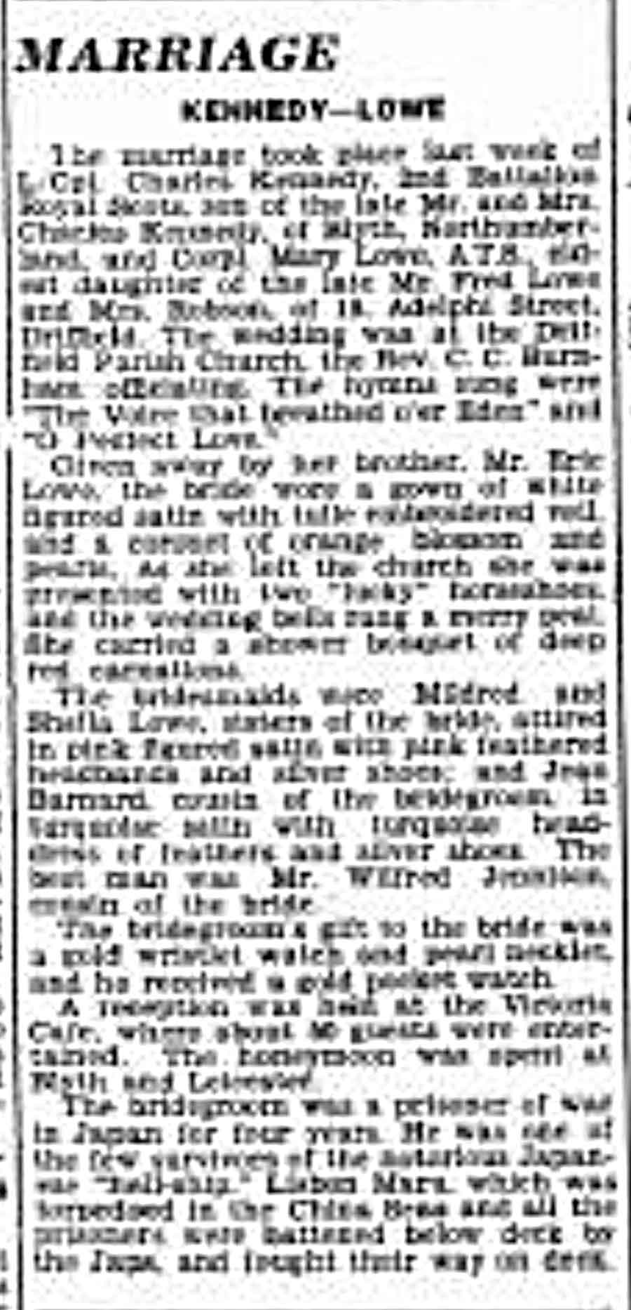 Notice of the marriage of Charles Kennedy to Mary Hannah Lowe