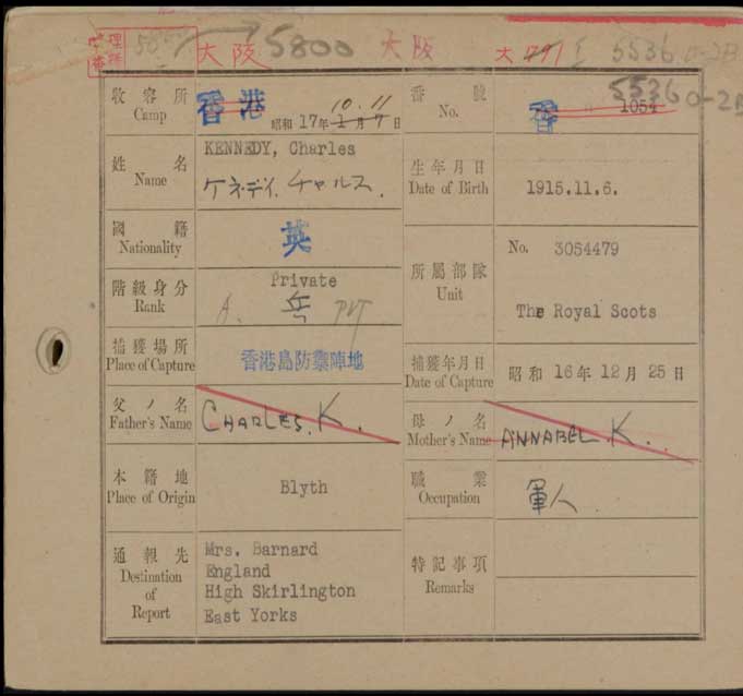 Charles Kennedy's POW registration card