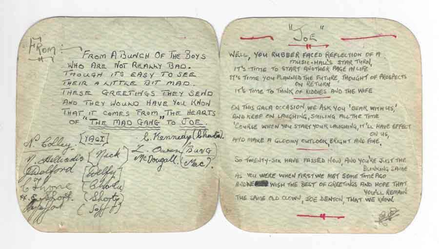 Inside of the birthday card made and signed by the Mad Gang for Joe Denton whilst he was in hospital recovering from a beating by the Japanese guards. Image courtesy of Steve Denton, Joe Denton's grandson and author of The Lisbon Maru Massacre: a dramatis personae.