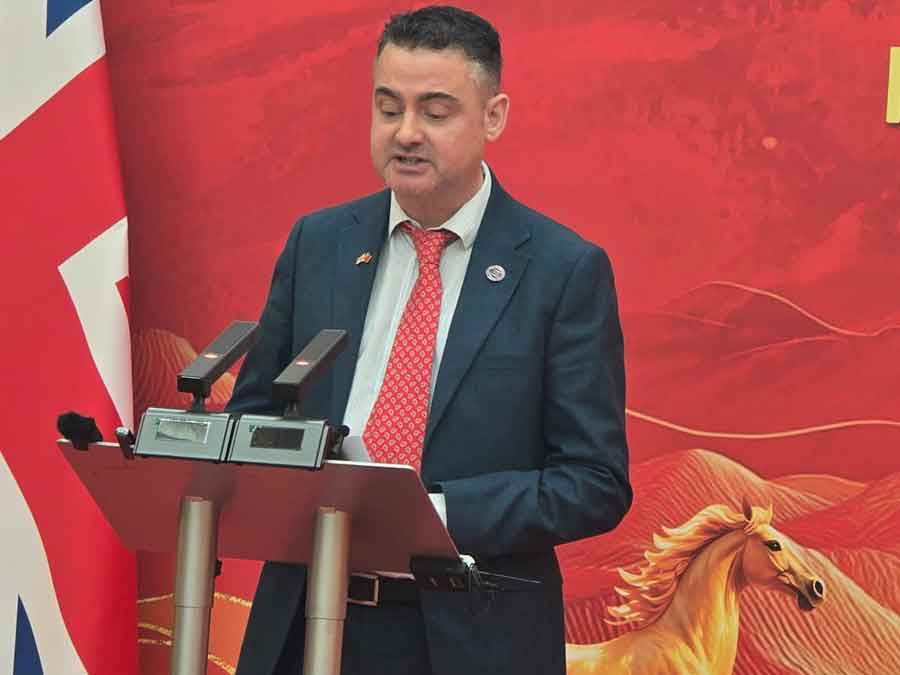 Anthony Jones Chairman of the Lisbon Maru Memorial Association LiMMA speaking at the Spring Festival celebration at the Chinese Embassy to which LiMMA were invited