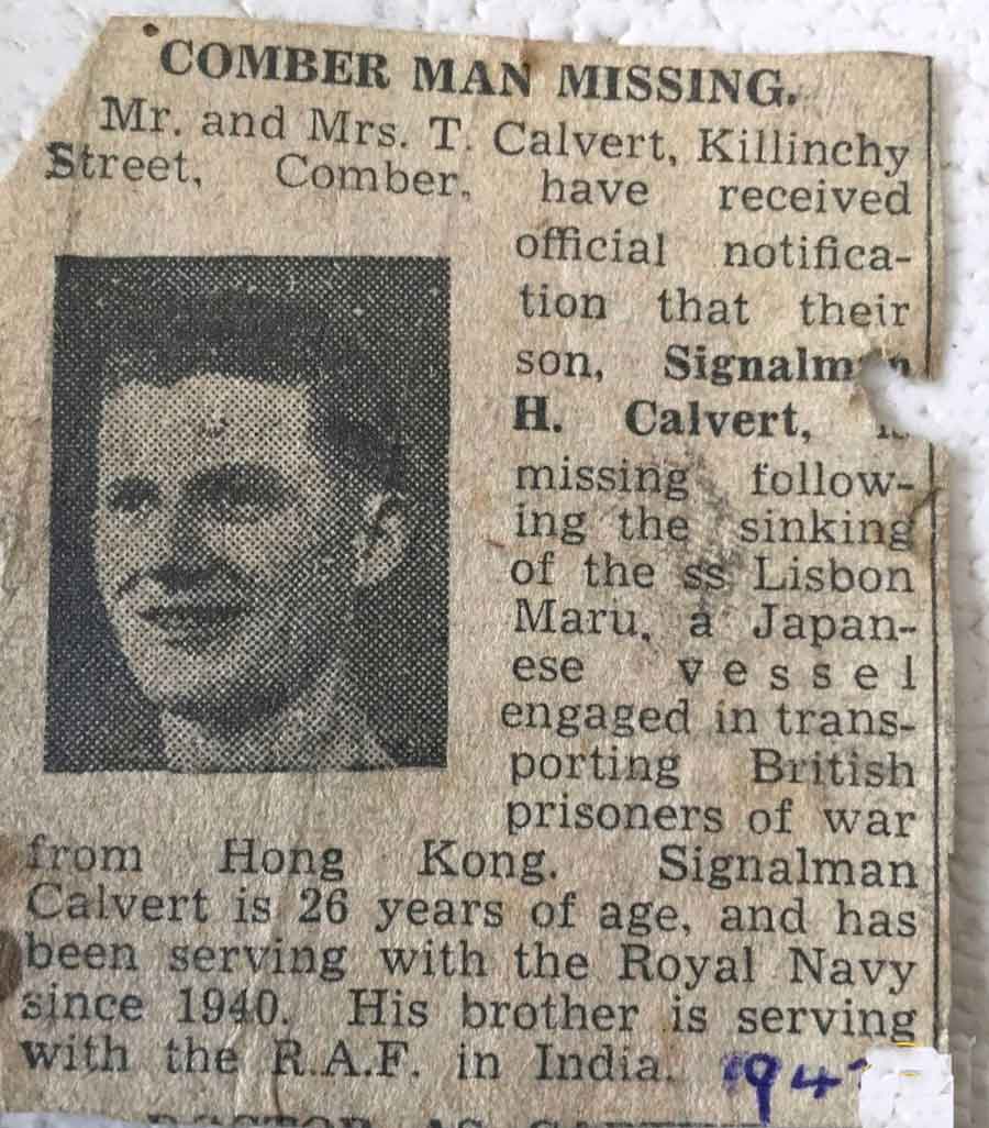 Newspaper cutting about Hans Calvert, a Comber man, being missing following the sinking of the Lisbon Maru