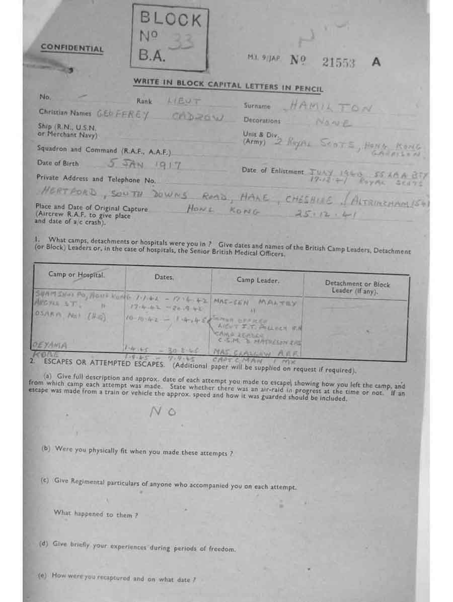 Liberation questionaire for Geoffrey C Hamilton of the Royal Scots survivor of the Sinking of the Lisbon Maru