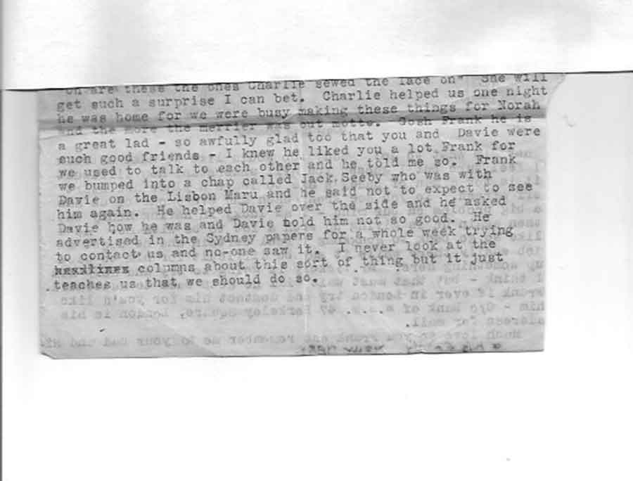 Portion of a letter which refers to the eye witness account of Jack Seeby (presumably John Seaby also of the HKRNVR) 