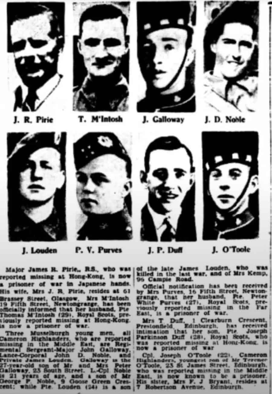 Newspaper report of several men reported missing including Joseph Parkinson Duff who survived the sinking of the Lisbon Maru but died in Osaka POW camp