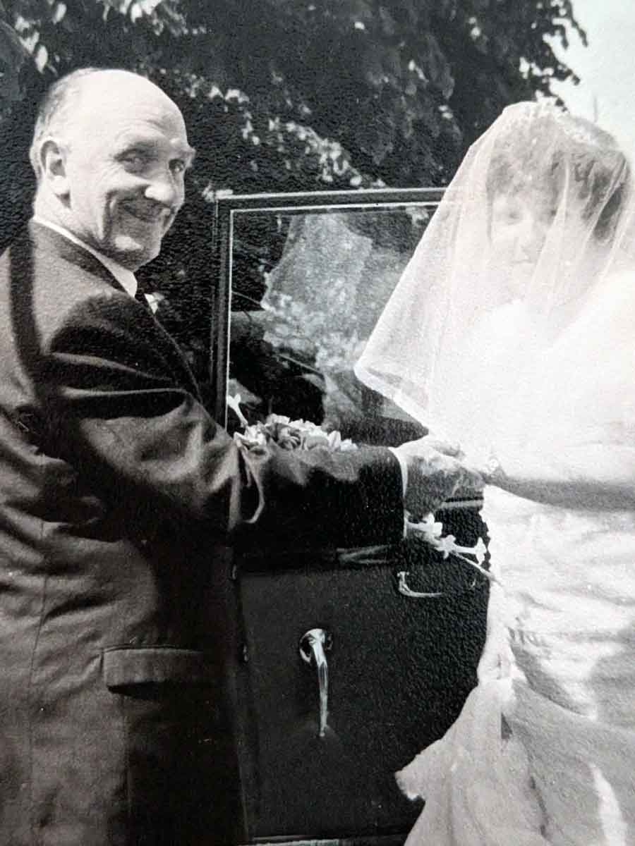 Thomas Hodgson, survivor of the sinking of the Lisbon Maru, at his daughter Ursula's wedding in 1971