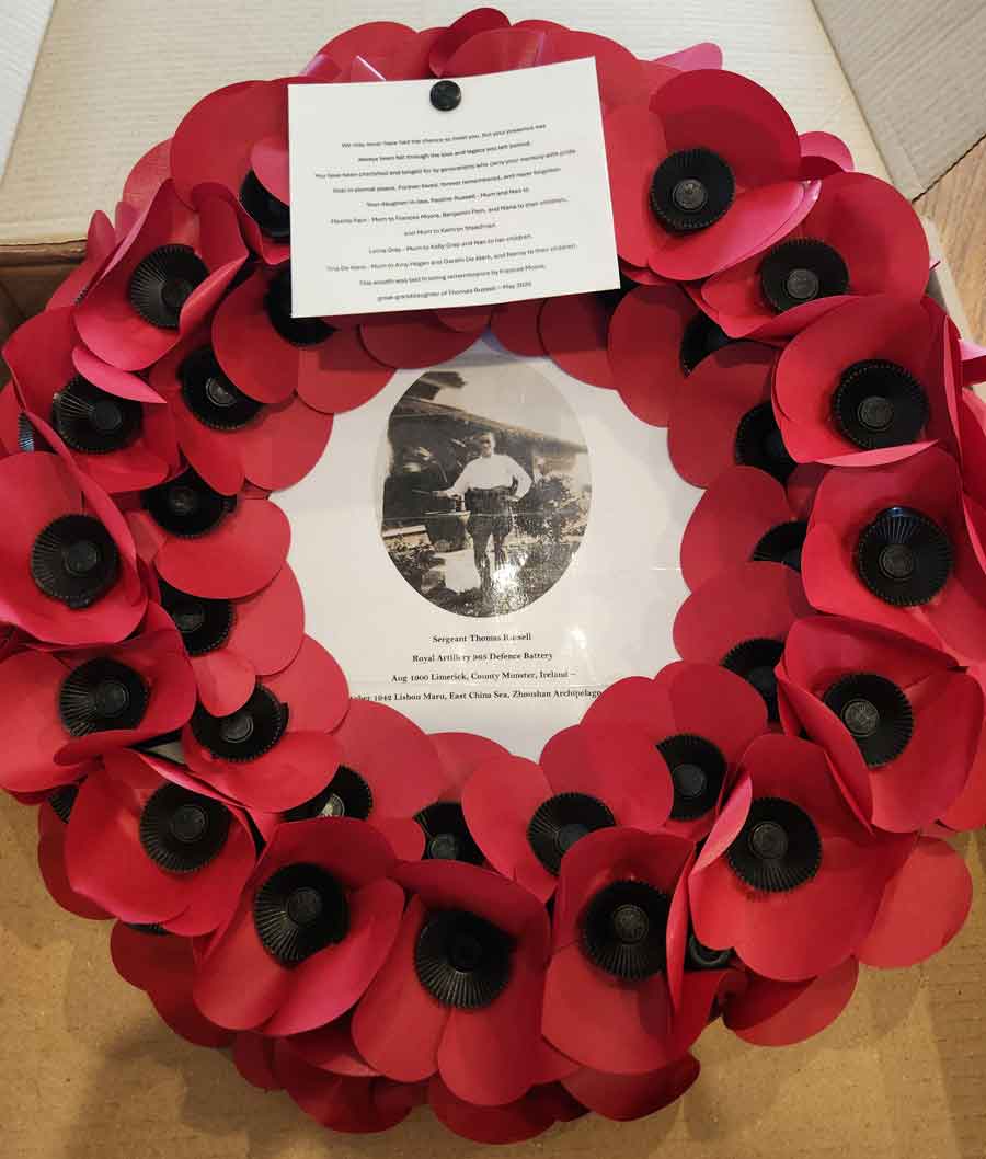 Wreath commemorating Thomas Russell before being taken to Zhoushan in May 2026 by Frances Moore, great granddaughter of Thomas Russell