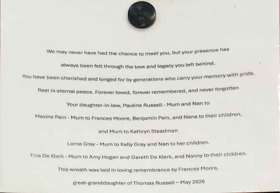 Deatil of the message attached to the wreath commemorating Thomas Russell before being taken to Zhoushan in May 2026 by Frances Moore, great granddaughter of Thomas Russell