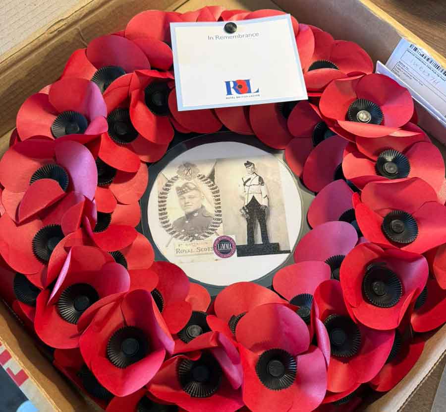 Wreath commemorating John Borg and Duncan Edwin Cameron before being taken to Zhoushan in May 2026 by Chris Borg and Kirsteen Dugan. Chris and Kirsteen are grandchildren of John Borg and great nephew and niece of Duncan Edwin Cameron