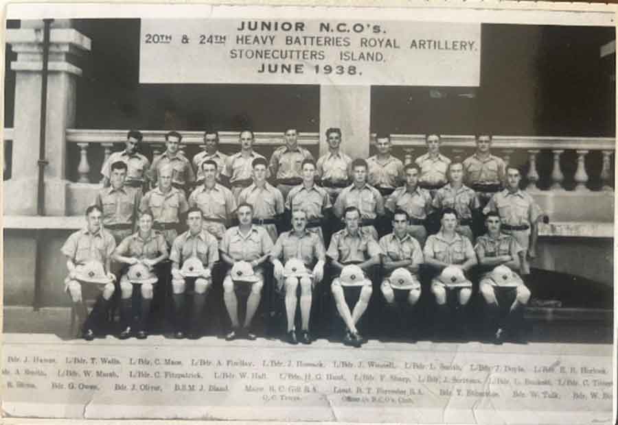 Junior NCOs of the 20th and 24th Heavy Batteries Royal Artillery at Stonecutters Island Hong Kong June 1938. Cyril Mace, survivor of the sinking of the Lisbon Maru, is third from the left in the back row.