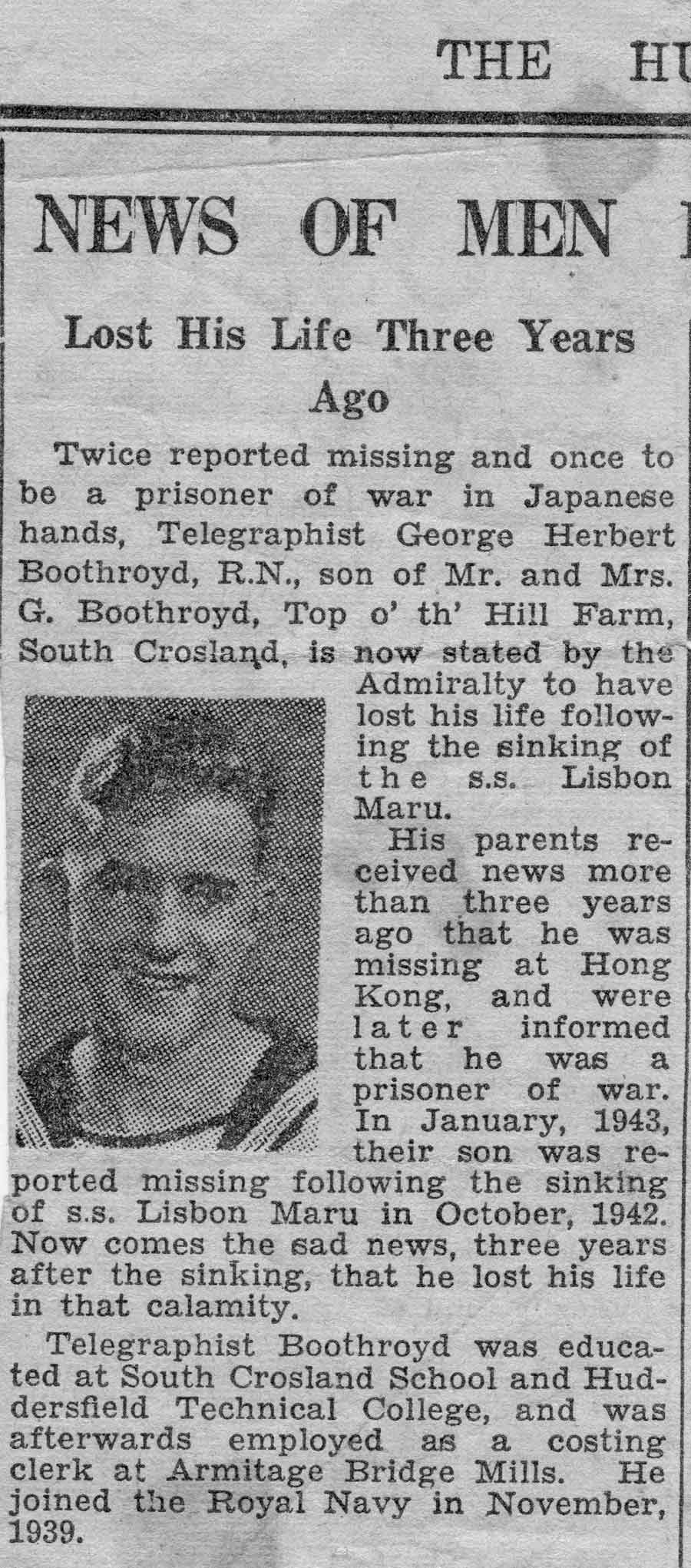 Article from the Huddersfiled Examiner 29th September 1945 reporting that George Herbert Boothroyd lost his life in the sinking of the Lisbon Maru. 