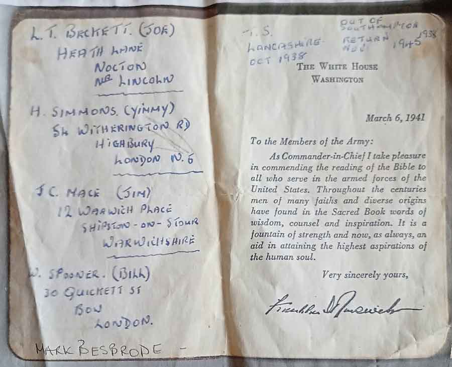 Cyril Mace's bible listing several men, including William Spooner, who were also on the Lisbon Maru. In 2025 Barbara Harris Cyril's daughter and Dan Wilkinson William Spooner's grandson travelled to China on the same trip for the dedication of the Chinese Memorial.