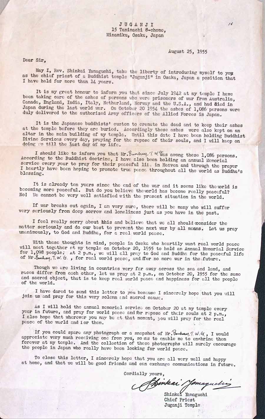 Letter to the family of Thomas William George Banham from Shinkai Yamaguchi, Chief Priest of Juganji Temple. Thomas survived the sinking of the Lisbon Maru but died later as a Far East Prisoner of War of the Japanese, just days before they surrendered
