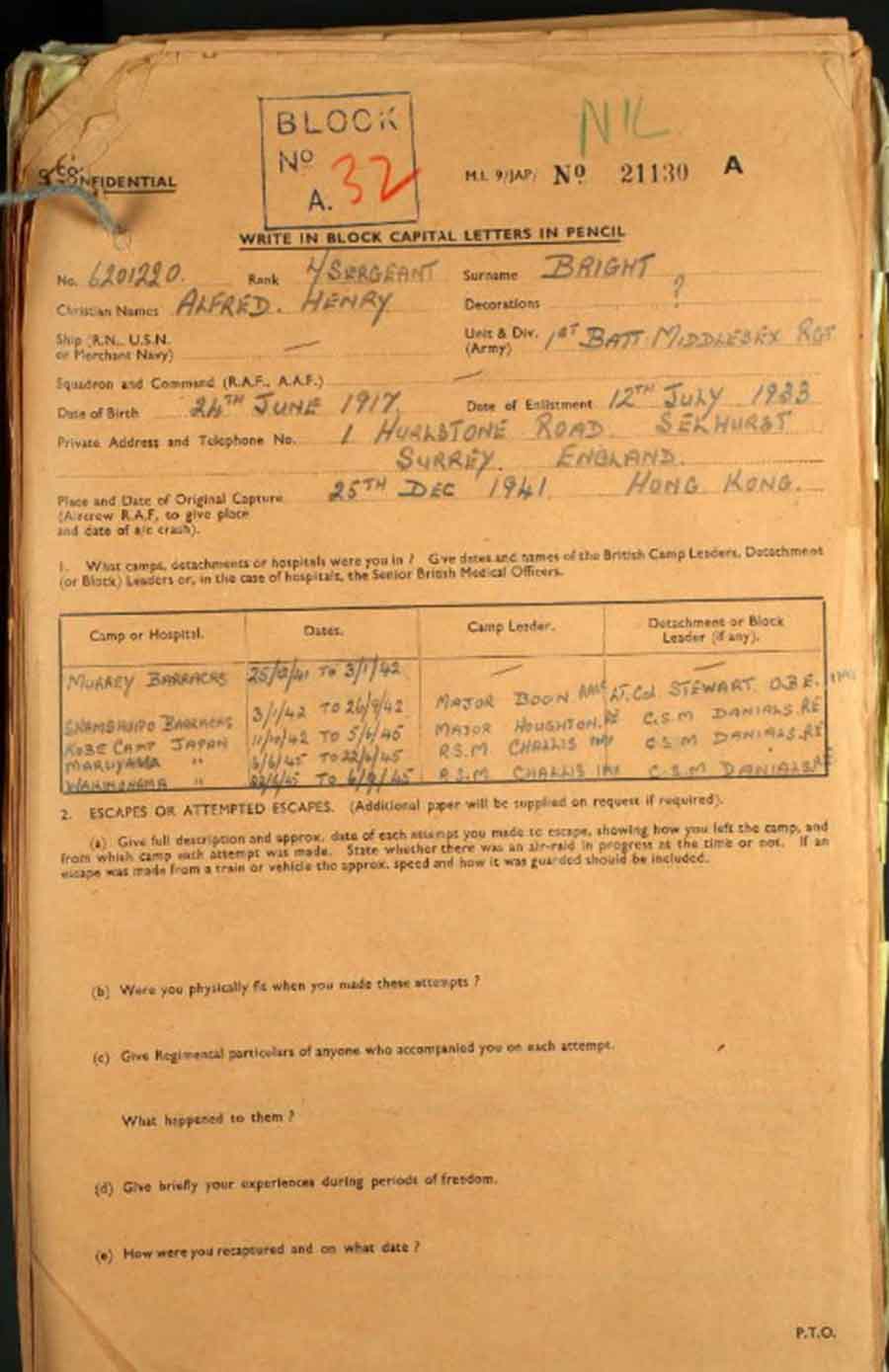 Alfred Henry Bright survived the sinking of the Lisbon Maru. This is his WO344 M19 demob form, showing the camps he was at in Hong Kong and Japan