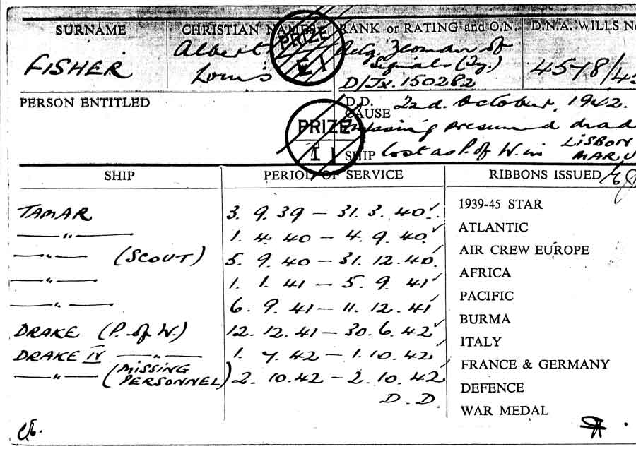 Part of the service records of Albert Louis Fisher of the Royal Navy showing the medals issued to him. Albert was lost in the sinking of the Lisbon Maru