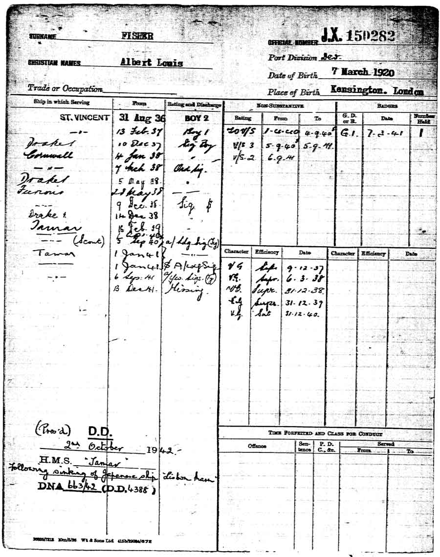 Part of the service records of Albert Louis Fisher of the Royal Navy, Far East Prisoner of War (FEPOW), lost in the sinking of the Lisbon Maru