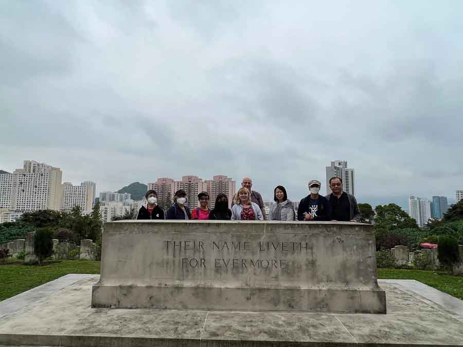 Leigh (Jimmy's great niece) and Dave Gray visit on 27th March 2023 to the Sai Wan Memorial where James (Jimmy) Alfred Maynard is commemorated. Accompanying them are Kent Shum's History Group as a mark of respect.