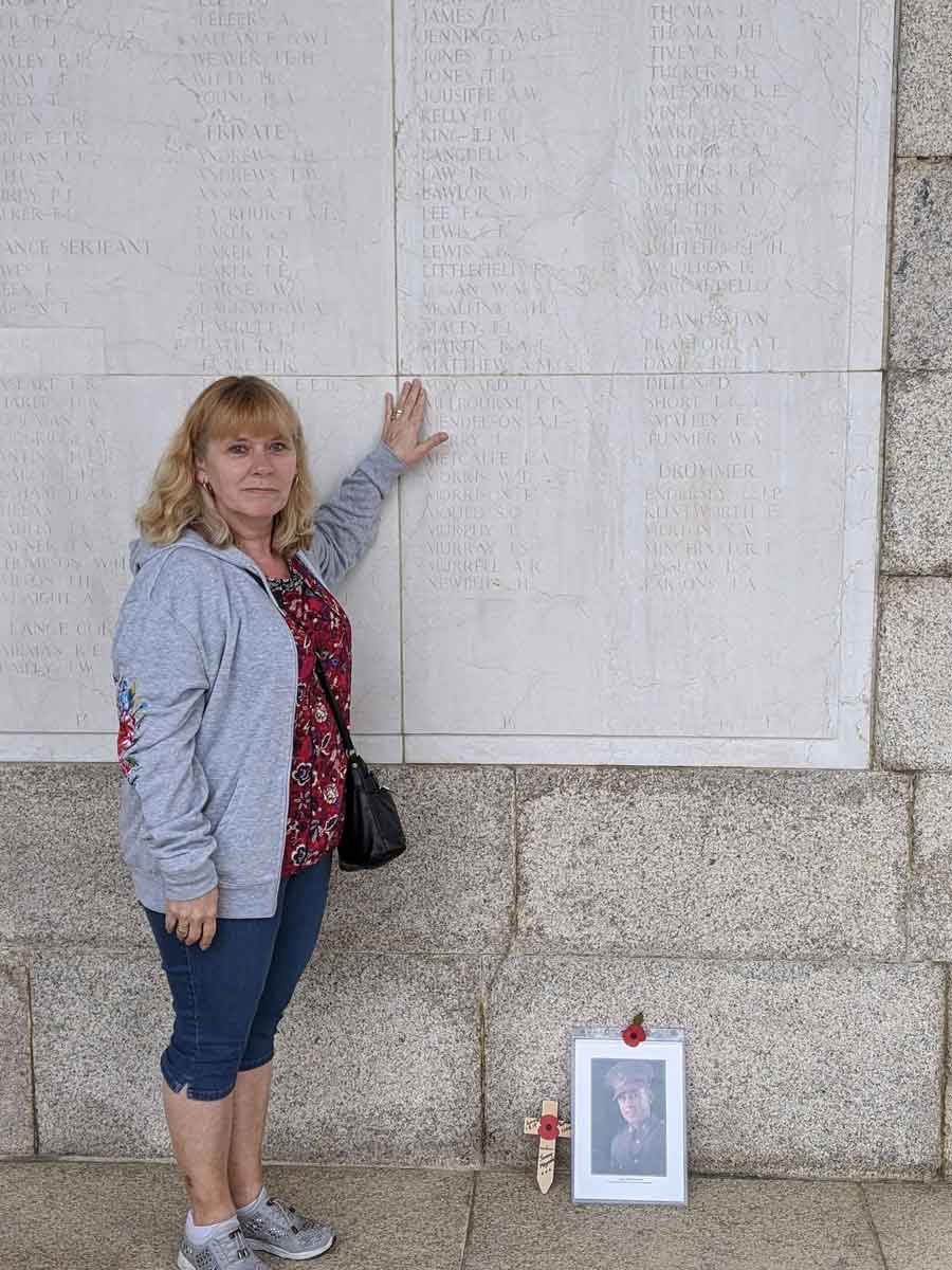 Leigh Gray (Jimmy's great niece) on 27th March 2023 by the Sai Wan Memorial where James (Jimmy) Alfred Maynard is commemorated. 